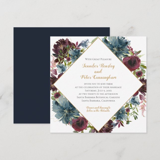 Marsala Gold Floral | Square Wedding Einladung (Vorne/Hinten)
