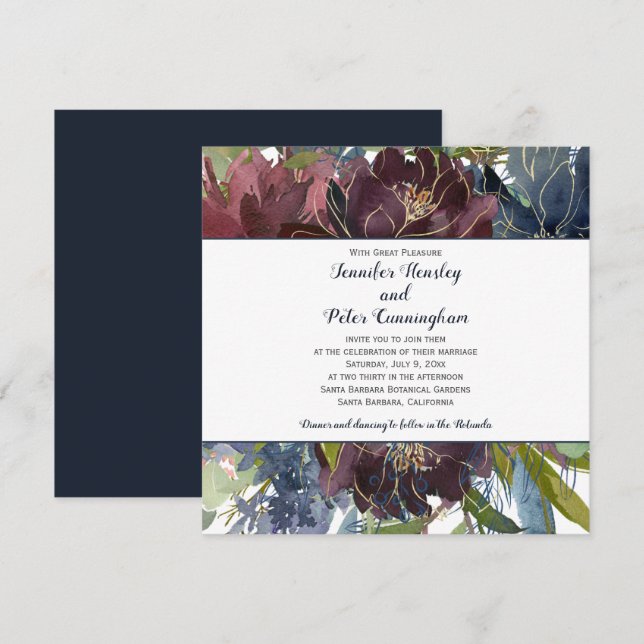 Marsala Gold Floral | Square Wedding Einladung (Vorne/Hinten)