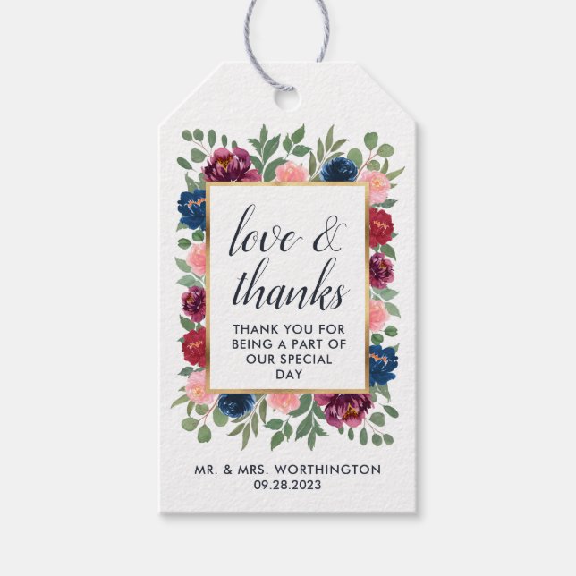 Marsala-Gold-Gastgeschenk Hochzeit von Burgund Blu Geschenkanhänger (Vorderseite)