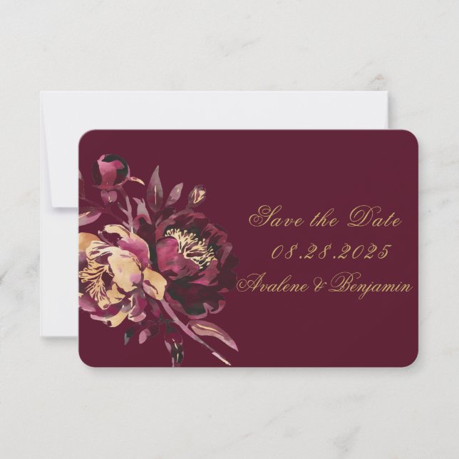 Marsala Gold Painted Peony Save the Date Cards RSVP Karte (Vorderseite)