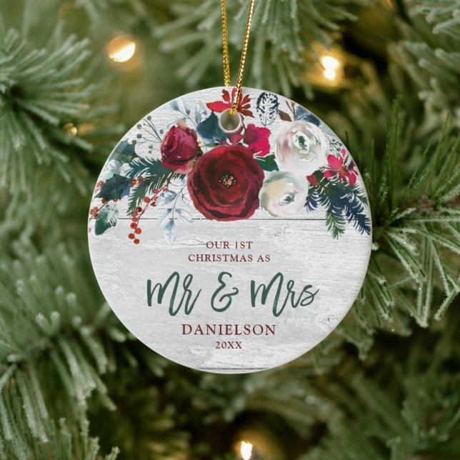 Marsala Greenery Personalisiert First Mr & Mrs. Keramik Ornament (Baum)