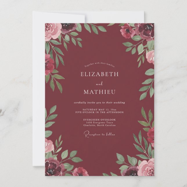 Marsala-Hochzeit mit bemalter Foliage Einladung (Vorderseite)