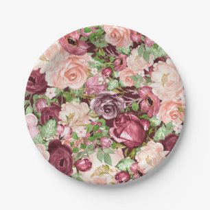 Marsala Maroon Burgundy Rustic Floral Blume Pappteller