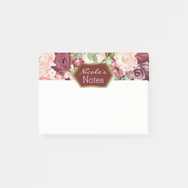 Marsala Maroon Burgundy Rustic Floral Personalisie Post-it Klebezettel (Vorderseite)