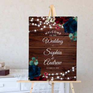 Marsala & Navy Blume Rustic Wood Wedding Willkomme Poster