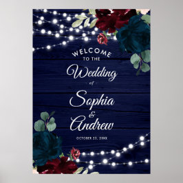 Marsala & Navy Blume Rustikales Holz Begrüßungszei Poster