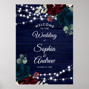 Marsala & Navy Blume Rustikales Holz Begrüßungszei Poster