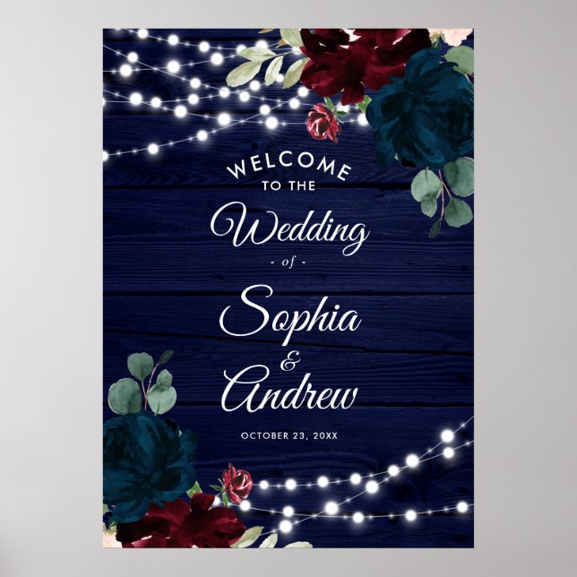 Marsala & Navy Blume Rustikales Holz Begrüßungszei Poster (Vorne)