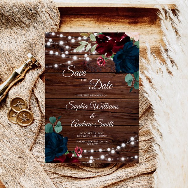 Marsala & Navy Blume Rustikales Holz Save the Date (Von Creator hochgeladen)