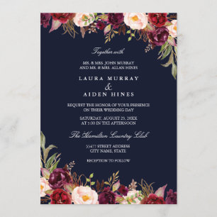 Marsala Navy Burgunder Aquarell Blumen Hochzeit Einladung
