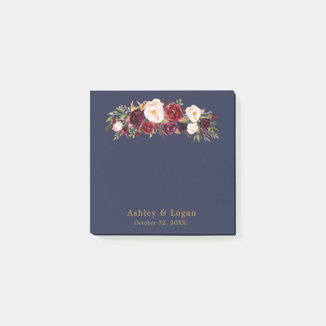 Marsala Navy Elegant Floral Wedding Post-it Notes Klebezettel (Vorderseite)