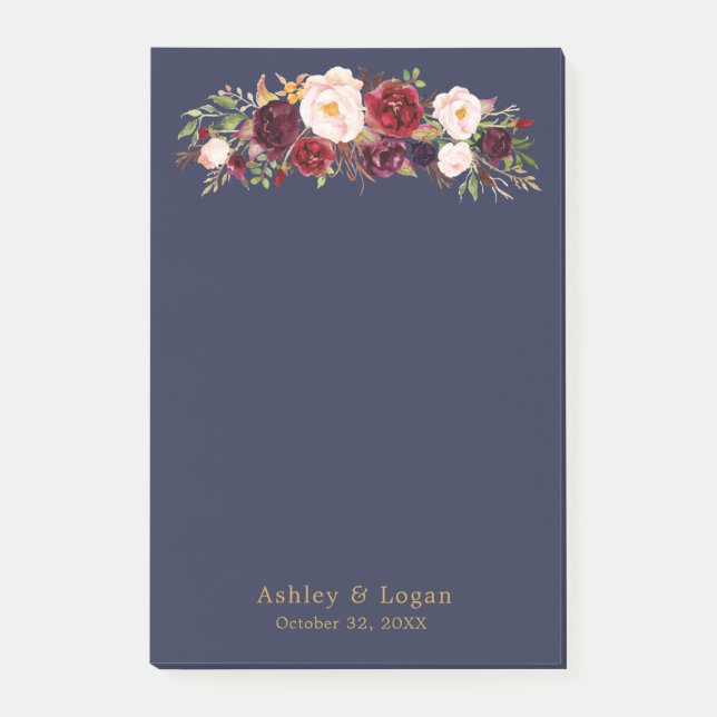 Marsala Navy Elegant Floral Wedding Post-it Notes Klebezettel (Vorderseite)