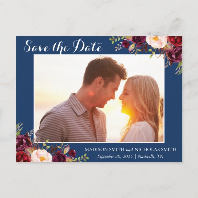 Marsala Navy Floral Foto Save the Date Postcard Postkarte (Vorderseite)