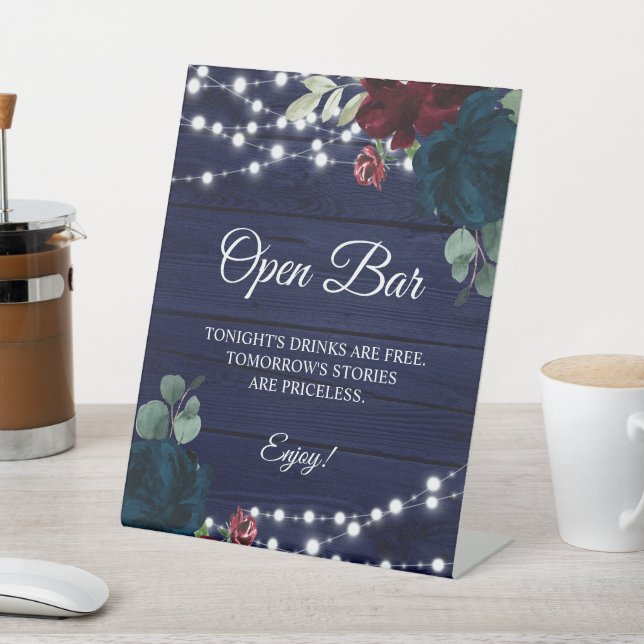 Marsala & Navy Floral Rustic Wood Open Bar Sign Sockelschild (In SItu)