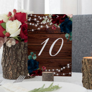 Marsala & Navy Floral Rustikale Holz-Tischnummern  Tischnummer