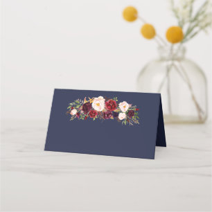 Marsala Navy Floral Wedding Name Faltes Platzkarte