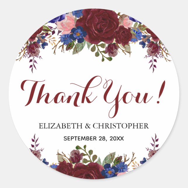 Marsala Navy Floral Wedding Vielen Dank Runder Aufkleber (Vorderseite)
