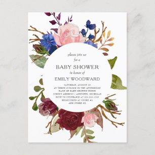 Marsala Navy Pink Rustic Floral Circle Baby Dusche Einladungspostkarte
