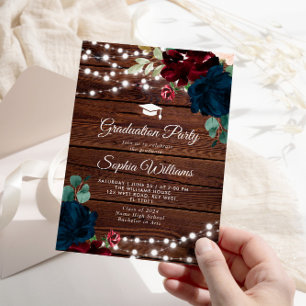 Marsala & Navy Rustic Wood Graduation Party Einladung