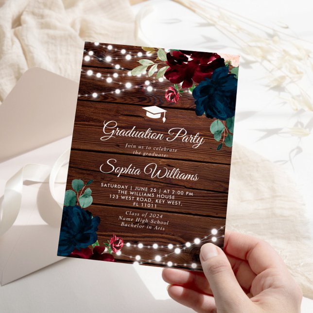 Marsala & Navy Rustic Wood Graduation Party Einladung (Von Creator hochgeladen)