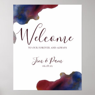 Marsala Navy Watercolor Wedding Welcome Sign Poster