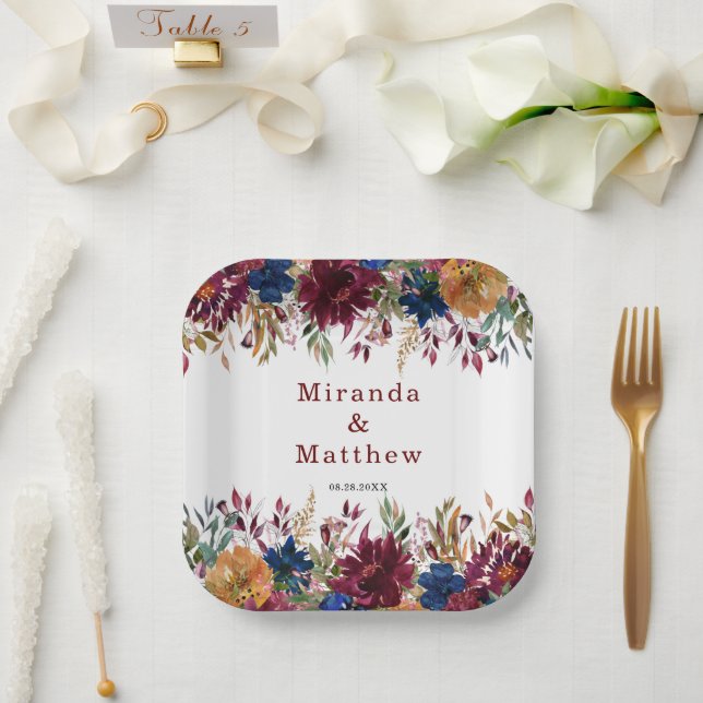 Marsala Orange Fall Floral Geometric Pappteller (Hochzeit)