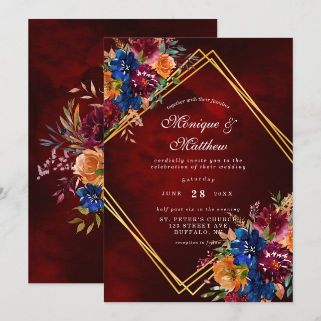 Marsala Orange Floral Gold Geometric Wedding Einladung (Vorne/Hinten)