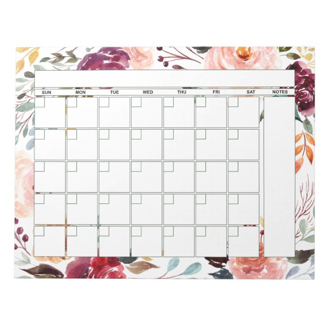 Marsala Peach Floral Monthly Planer Kalender Notizblock (Vorderseite)