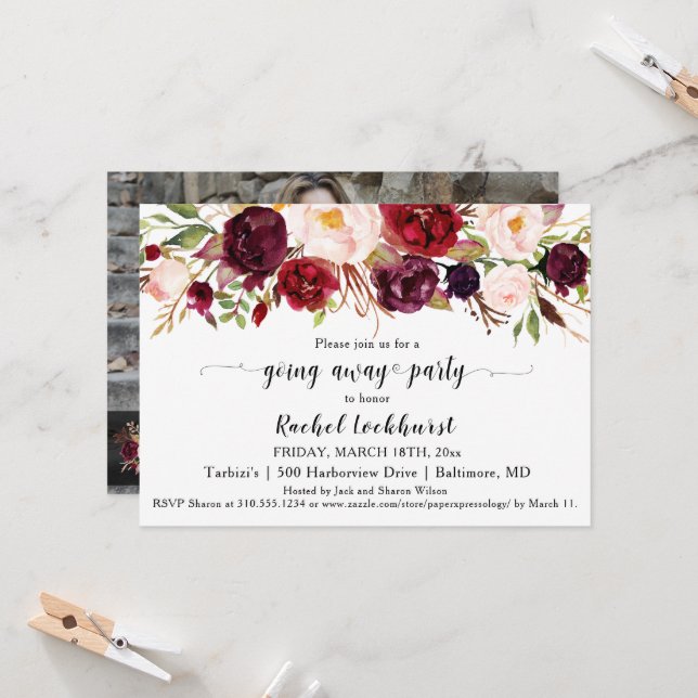 Marsala Pink Blume weg Party Abschied Einladung (Vorderseite/Rückseite Beispiel)