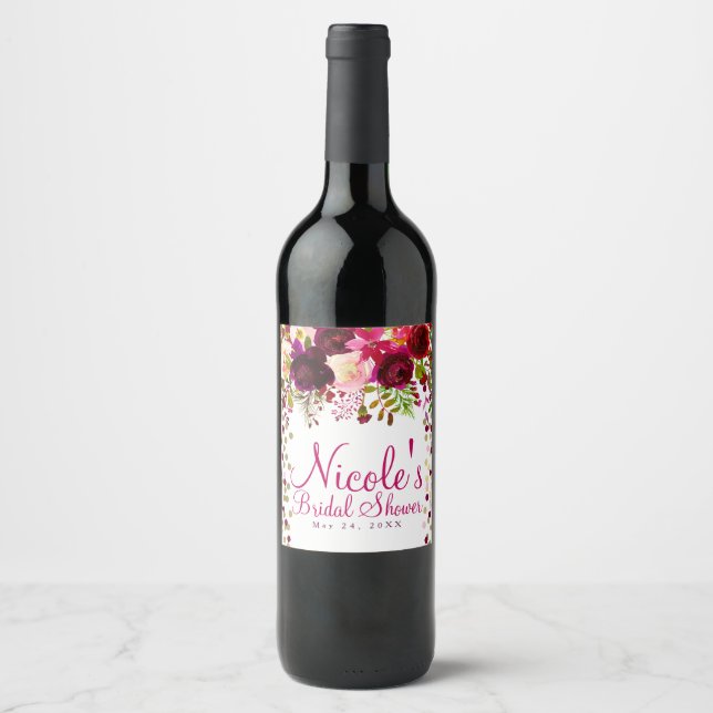 Marsala Pink Floral Gold Burgundy Bold Wedding Weinetikett (Vorderseite)