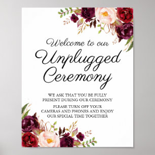 Marsala & Pink Floral Unplugged Zeremonie Zeichen Poster