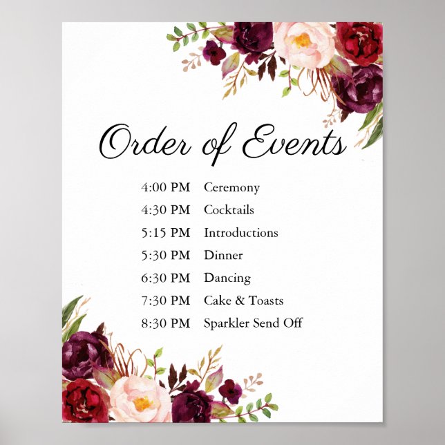 Marsala Pink Floral Wedding Order of Events unterz Poster (Vorne)