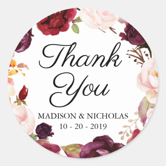 Marsala Pink Floral Wedding Stickers Danke (Vorderseite)