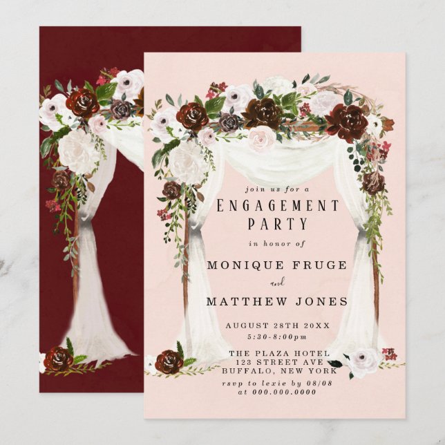 Marsala Pink Floral White Canopy Engagement Party Einladung (Vorne/Hinten)