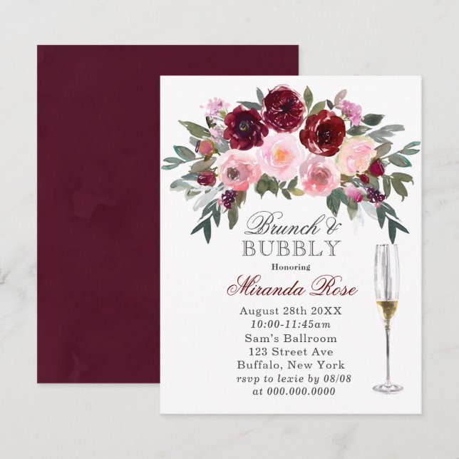 Marsala Pink Painted Peony Brunch & Bubbly Einladung (Vorne/Hinten)