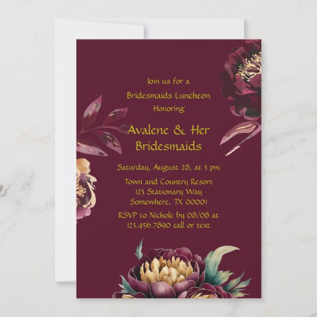 Marsala Red and Gold Peony Bridesmaids Luncheon Einladung (Vorderseite)