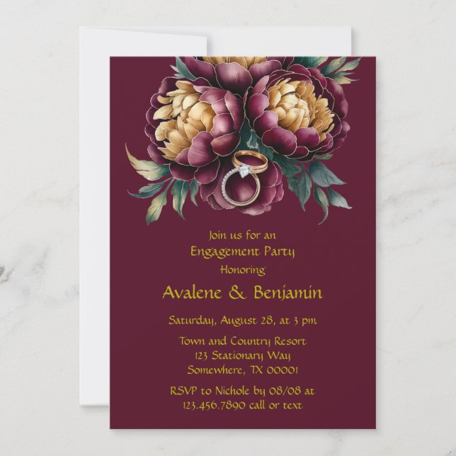 Marsala Red and Gold Peony Engagement Party Einladung (Vorderseite)