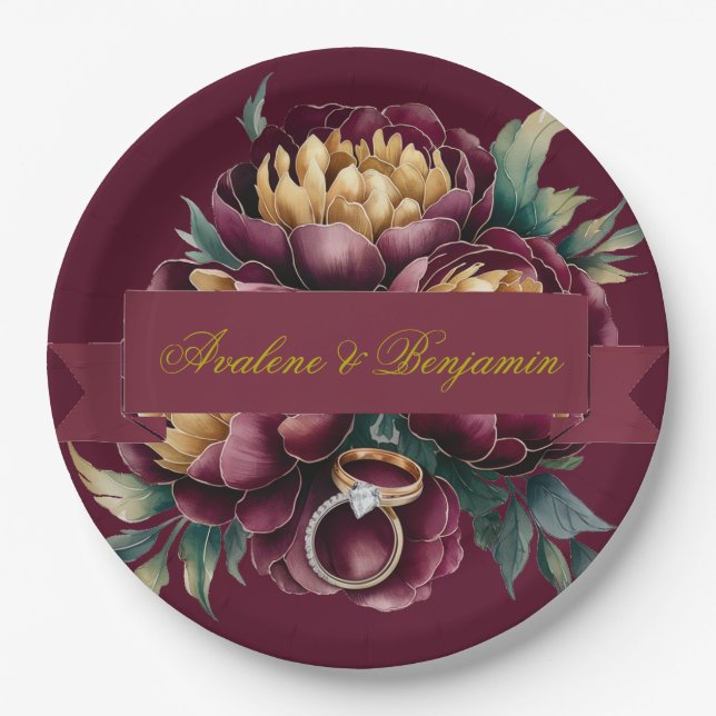 Marsala Red and Gold Peony mit Hochzeitsrennen Pappteller (Vorderseite)