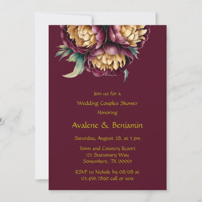 Marsala Red and Gold Peony Wedding Couples Dusche Einladung (Vorderseite)