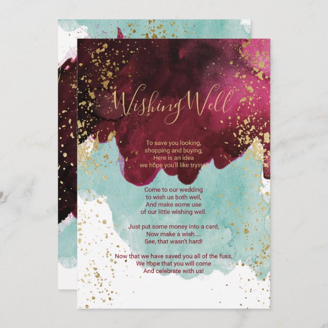 Marsala Red Aquamarin Watercolor Gold Gut wollen Einladung (Vorne/Hinten)