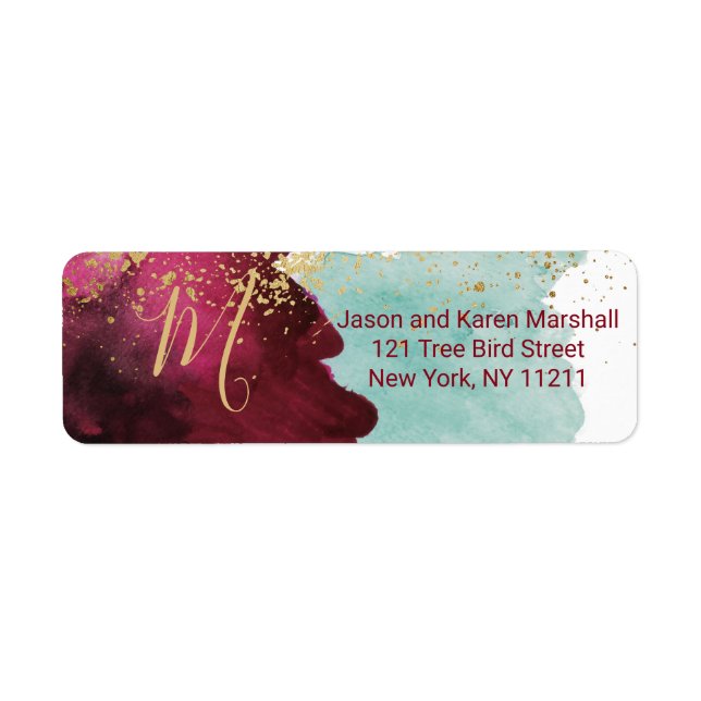 Marsala Red Aquamarin Watercolor Gold Splash Adres (Vorne)