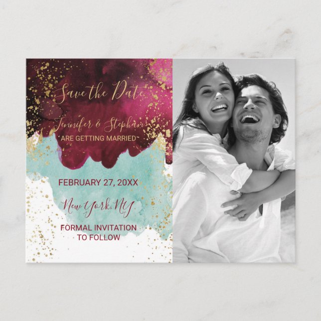 Marsala Red Aquamarin Watercolor Gold Splash Rette Ankündigungspostkarte (Vorderseite)