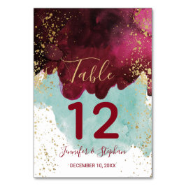 Marsala Red Aquamarin Watercolor Gold Tischnummern