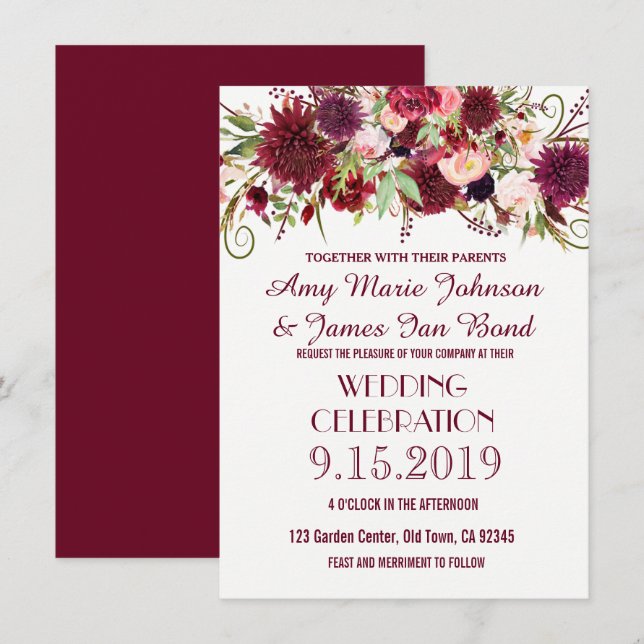 Marsala Red Burgund Floral Wedding Einladungen (Vorne/Hinten)