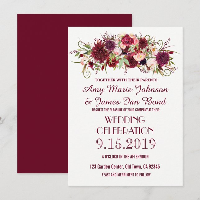 Marsala Red Burgund Floral Wedding Einladungen (Vorne/Hinten)