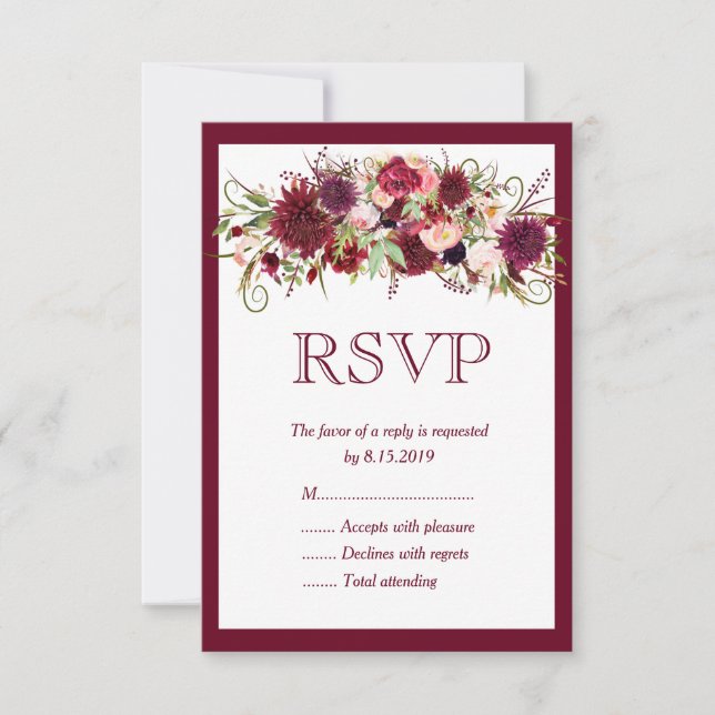 Marsala Red Burgundy Floral Boho Wedding RSVP Card Karte (Vorderseite)