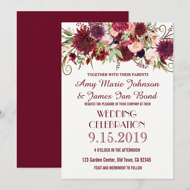 Marsala Red Burgundy Floral Chic Wedding Cards Einladung (Vorne/Hinten)