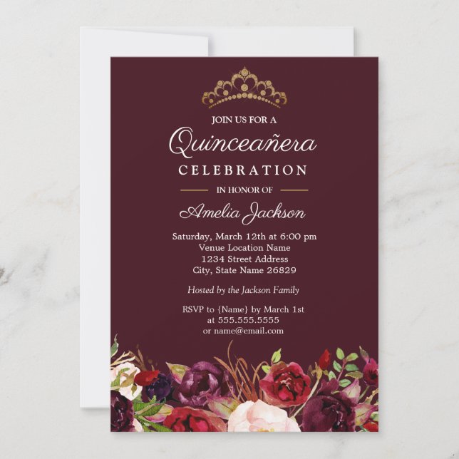 Marsala Red Burgundy Floral Quinceanera Einladung (Vorderseite)