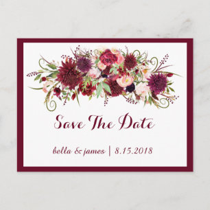 Marsala Red Burgundy Floral Save the Date Postcard Ankündigungspostkarte