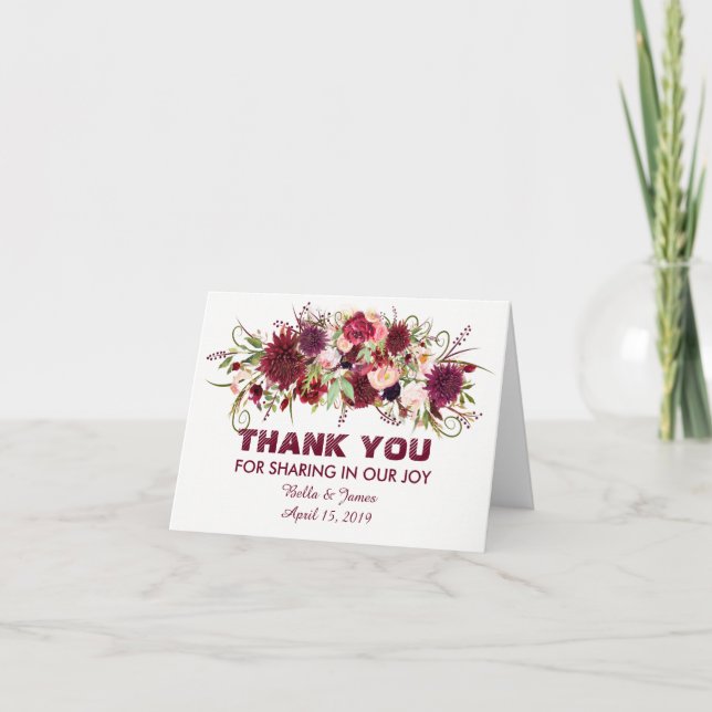 Marsala Red Burgundy Floral Wedding Danke-Card Dankeskarte (Vorderseite)